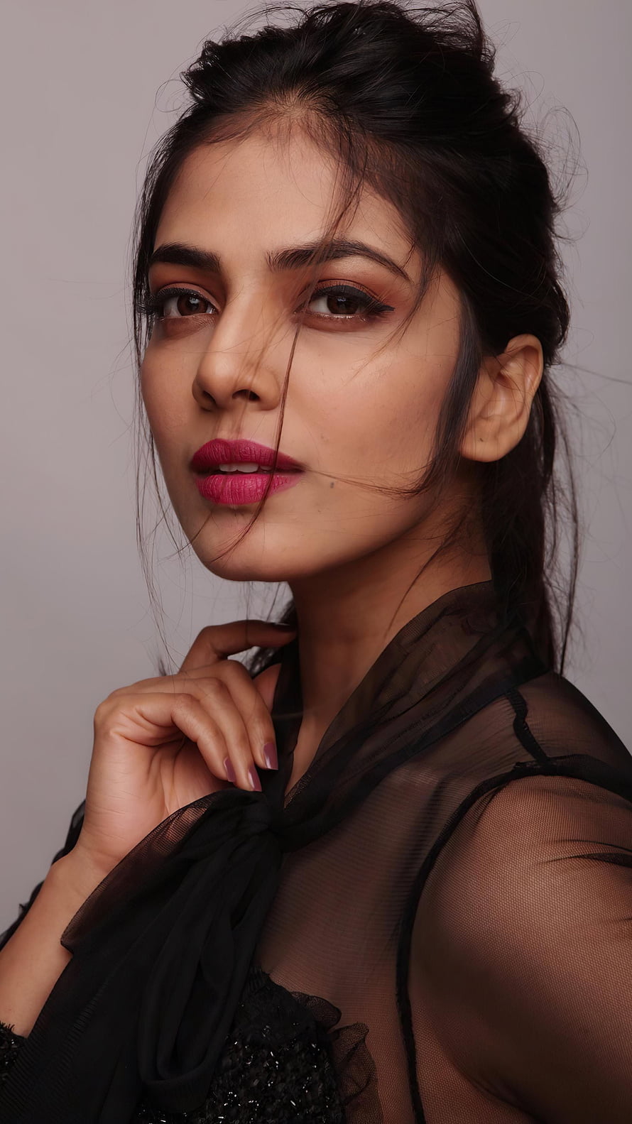 Portrait of a woman with dark hair and pink lipstick wearing a black sheer top, Malavika mohanan, mallu actress, model HD phone wallpaper