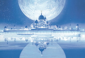 Sailor Moon Crystal Palace Under a Giant Moon with Water Reflections HD wallpaper