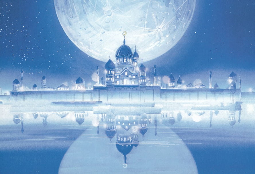 Sailor Moon Crystal Palace Under a Giant Moon with Water Reflections HD wallpaper