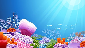 Vibrant Cartoon Coral Reef with Colorful Fish and Sunbeams in Blue Ocean Water HD wallpaper