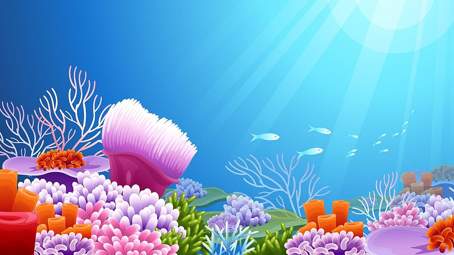 Vibrant Cartoon Coral Reef with Colorful Fish and Sunbeams in Blue Ocean Water HD wallpaper
