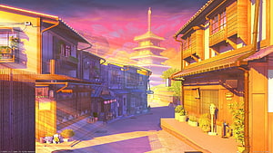 Japanese Street Scene at Sunset with Pagoda and Traditional Wooden Buildings HD wallpaper