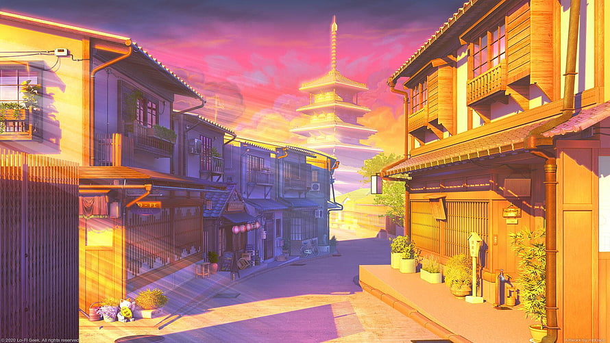 Japanese Street Scene at Sunset with Pagoda and Traditional Wooden Buildings HD wallpaper