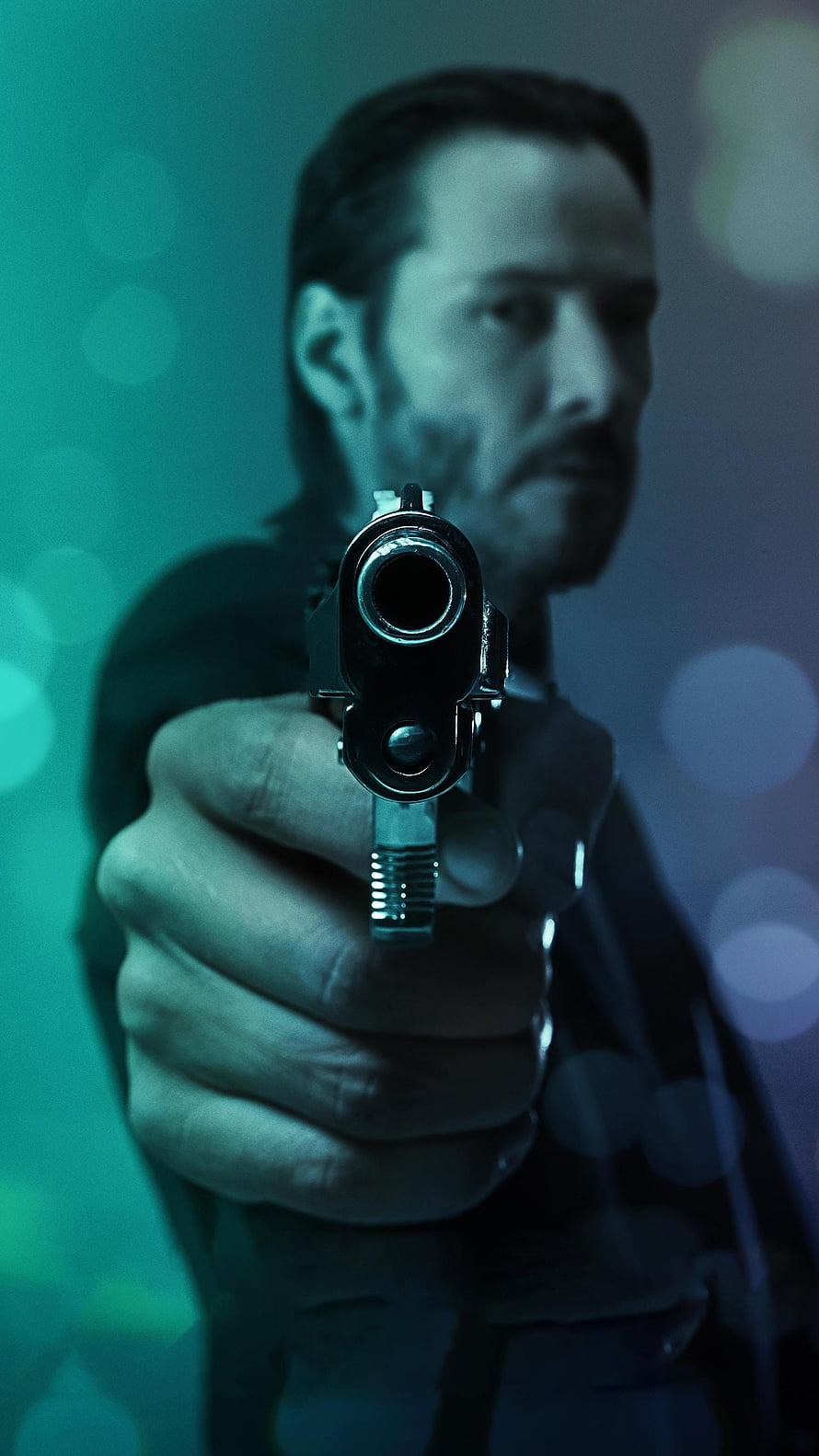 John Wick Aiming Pistol in Cinematic Teal and Blue Lighting HD phone wallpaper