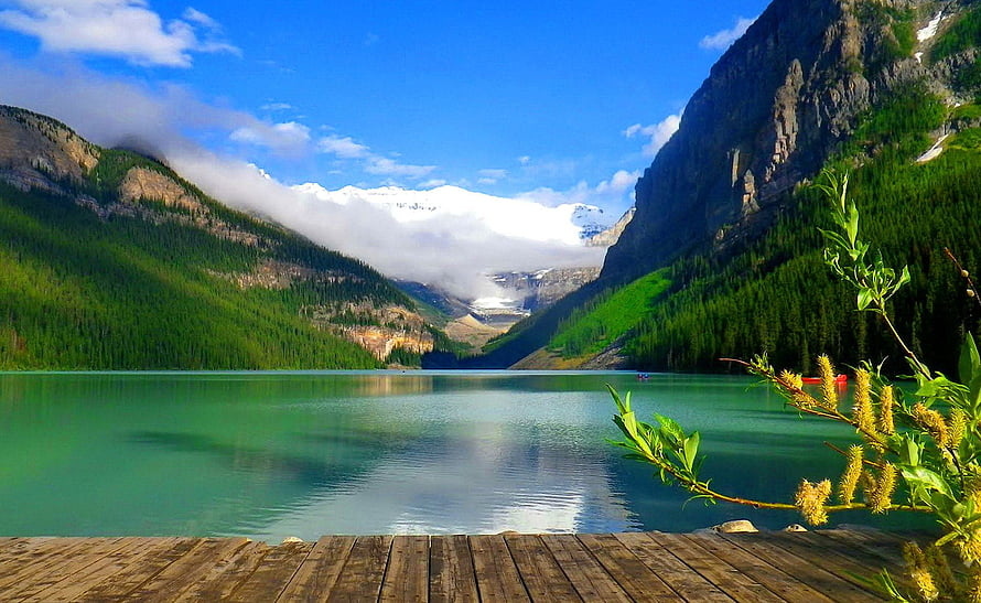 Lake Louise in Alberta Canada with turquoise water, wooden dock, and snow-capped mountains HD wallpaper