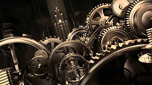 Intricate Mechanical Gears and Cogs in Dark Industrial Setting HD wallpaper