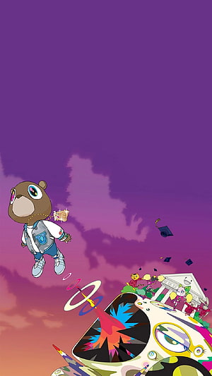 Cartoon Bear in Streetwear Jacket Floating Above Surreal Landscape with Purple Sky HD phone wallpaper
