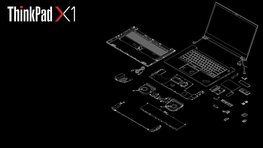 ThinkPad X1 Carbon Exploded View Technical Blueprint on Black Background HD wallpaper