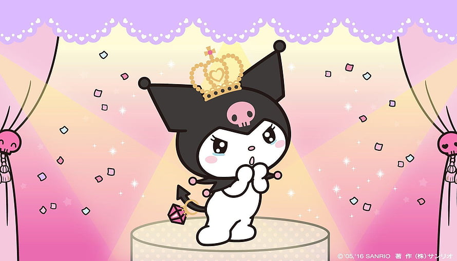 Kuromi Wearing a Golden Crown on a Sparkling Stage with Confetti and Pink Curtains HD wallpaper