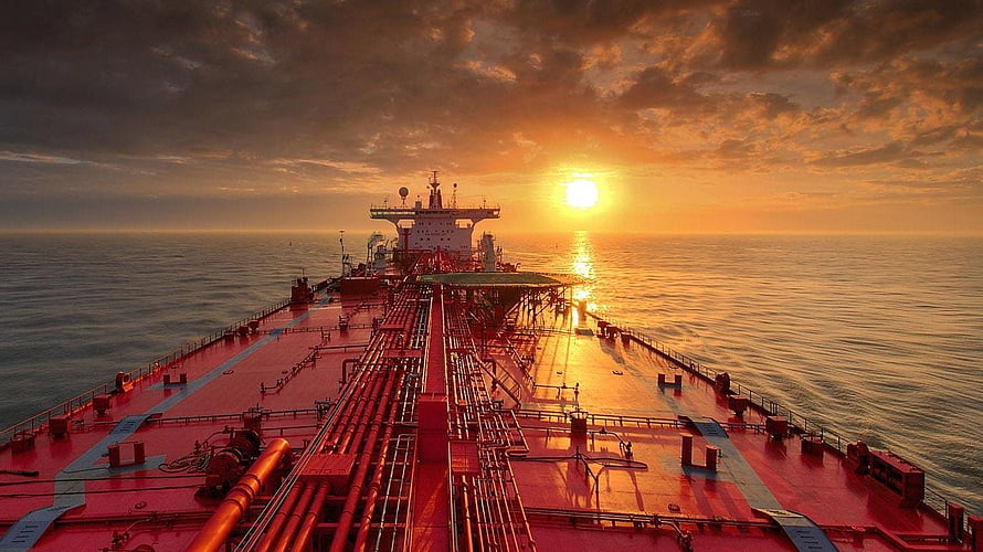 Oil Tanker Deck at Golden Hour with Dramatic Sunset Over the Open Ocean HD wallpaper