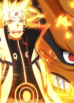 Naruto Uzumaki in Kurama Mode with Nine-Tails Fox Anime Artwork HD phone wallpaper