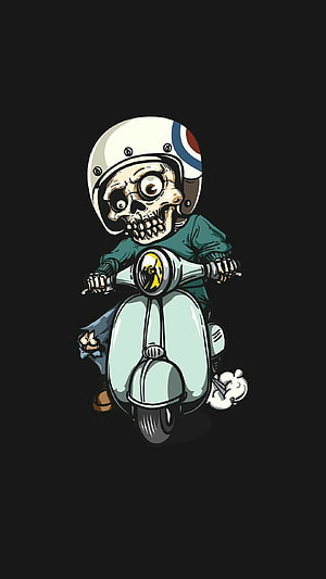 Cartoon Skull Rider on Mint Scooter with White Helmet and Green Jacket HD phone wallpaper