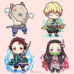 Demon Slayer Chibi Characters: Tanjiro, Nezuko, Inosuke, and Zenitsu in Kawaii Style HD phone wallpaper