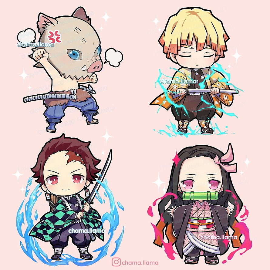 Demon Slayer Chibi Characters: Tanjiro, Nezuko, Inosuke, and Zenitsu in Kawaii Style HD phone wallpaper