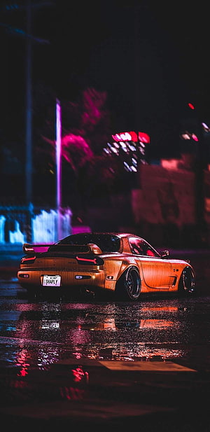 Mazda RX-7 FD3S in Neon Night Rain with Wet Street Reflections HD phone wallpaper