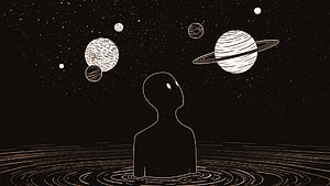 Minimalist Alien Silhouette Gazing at Planets and Stars in Space HD wallpaper