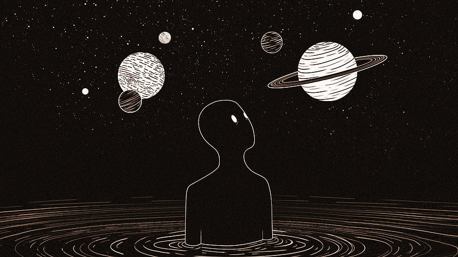 Minimalist Alien Silhouette Gazing at Planets and Stars in Space HD wallpaper