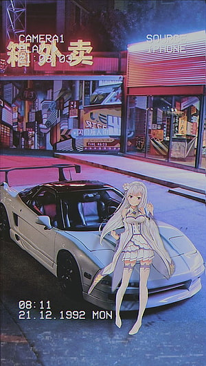 Anime Girl With White Hair Standing Next To White Nissan Skyline GT-R In Neon City Street HD phone wallpaper