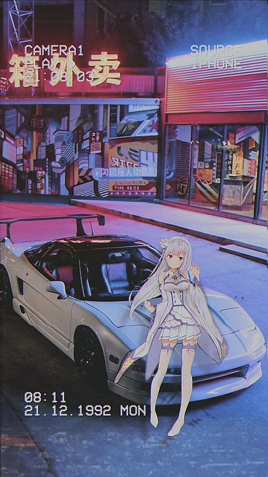 Anime Girl With White Hair Standing Next To White Nissan Skyline GT-R In Neon City Street HD phone wallpaper