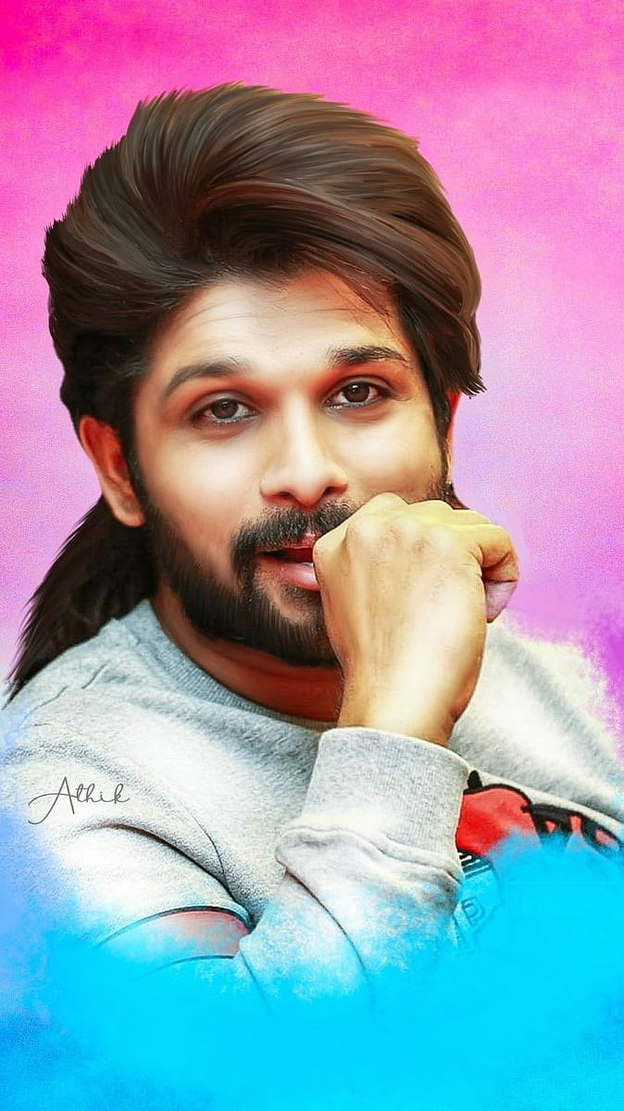 Allu Arjun Digital Art Portrait With Pink And Blue Background HD phone wallpaper