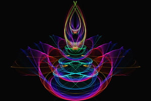 Vibrant Neon Fractal Lotus with Spiraling Light Patterns on Black Background HD wallpaper