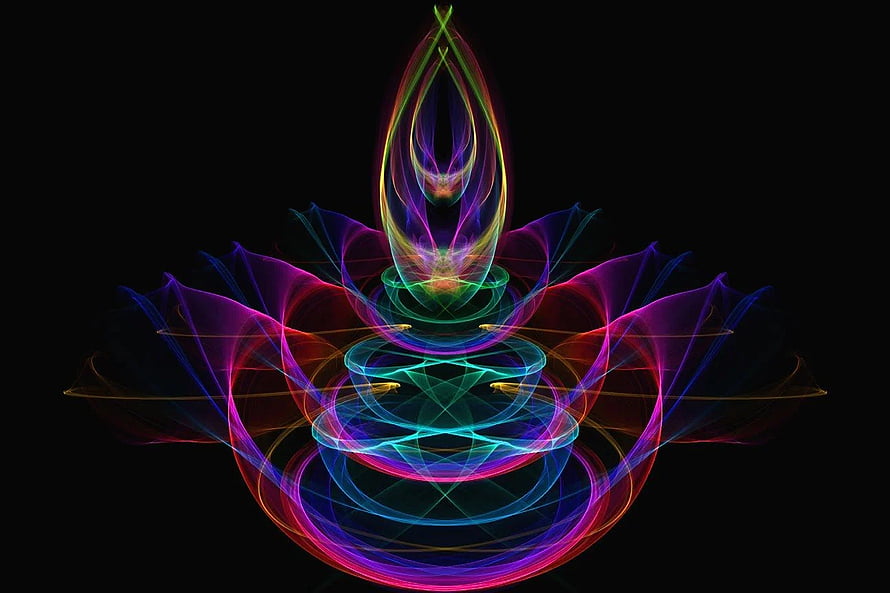 Vibrant Neon Fractal Lotus with Spiraling Light Patterns on Black Background HD wallpaper