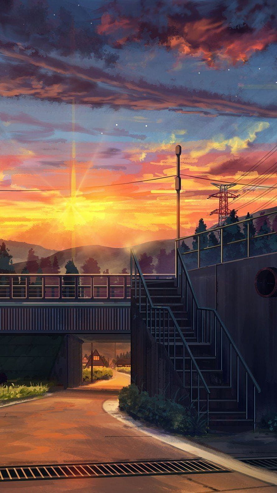 Anime Style Suburban Street at Golden Hour with Pedestrian Bridge and Staircase HD phone wallpaper