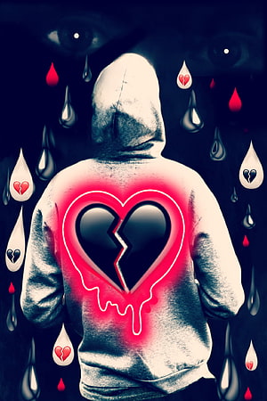 Sad Hoodie Figure With Glowing Broken Heart And Falling Tears HD phone wallpaper