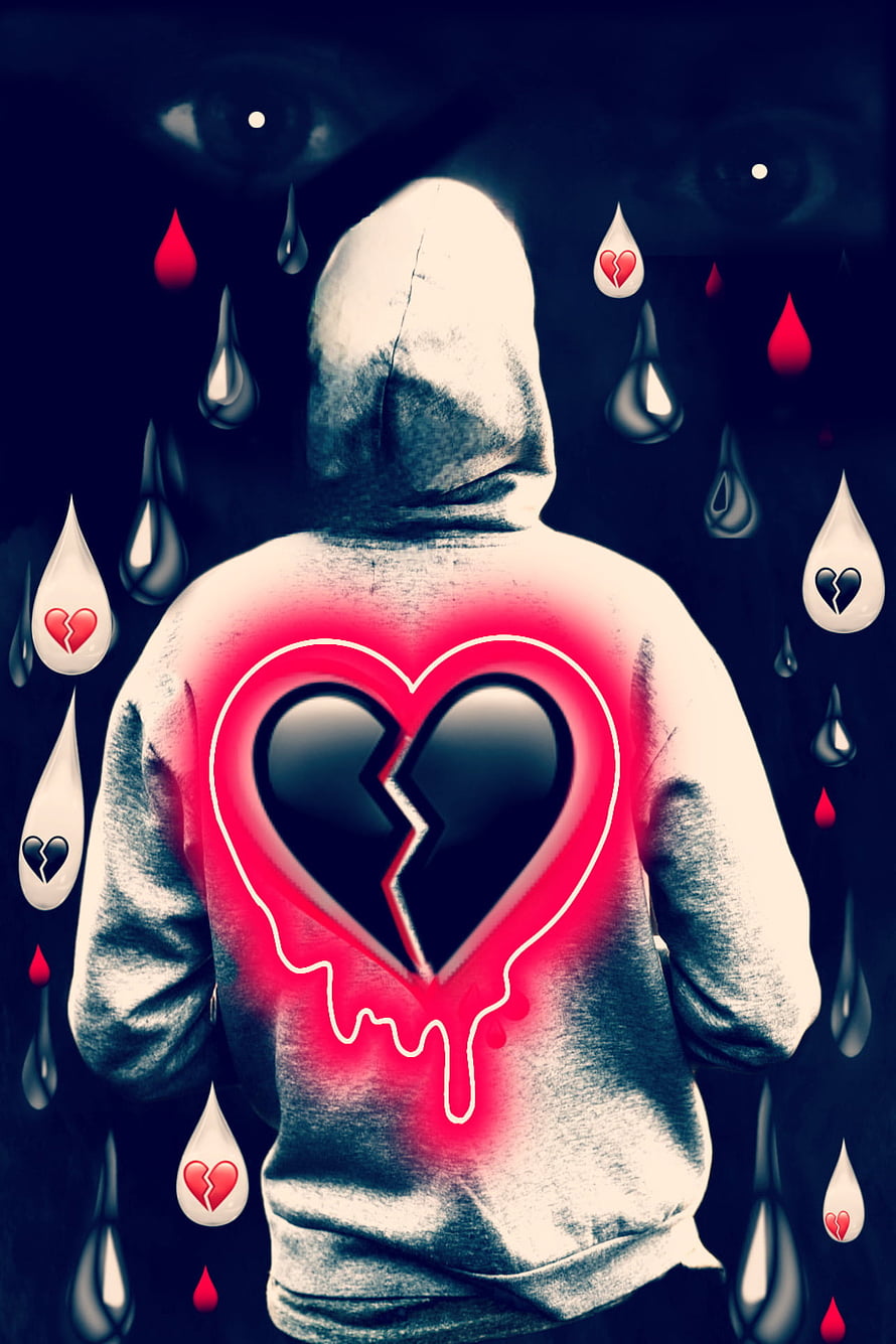 Sad Hoodie Figure With Glowing Broken Heart And Falling Tears HD phone wallpaper