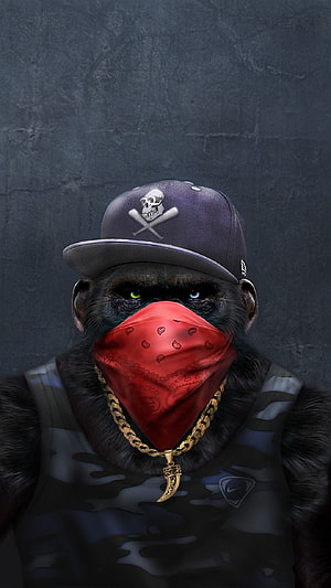 Stylish Chimp in Camo Vest and Skull Cap with Red Bandana HD phone wallpaper