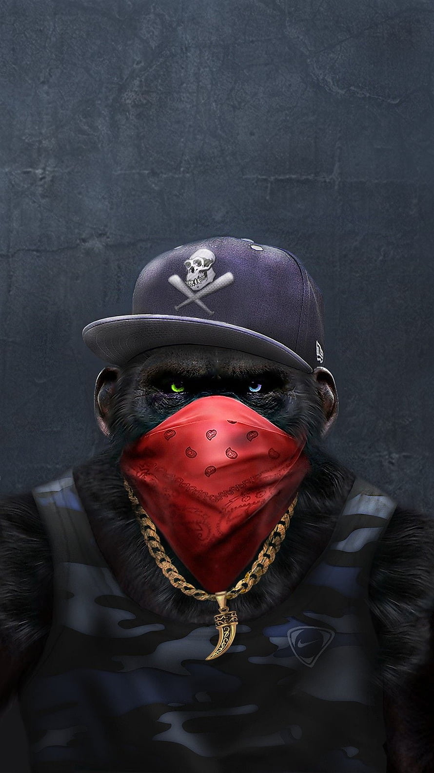 Stylish Chimp in Camo Vest and Skull Cap with Red Bandana HD phone wallpaper