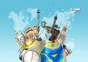 Global Travel Collage Featuring World Landmarks, Map, Compass, and Airplane Against Sky HD wallpaper