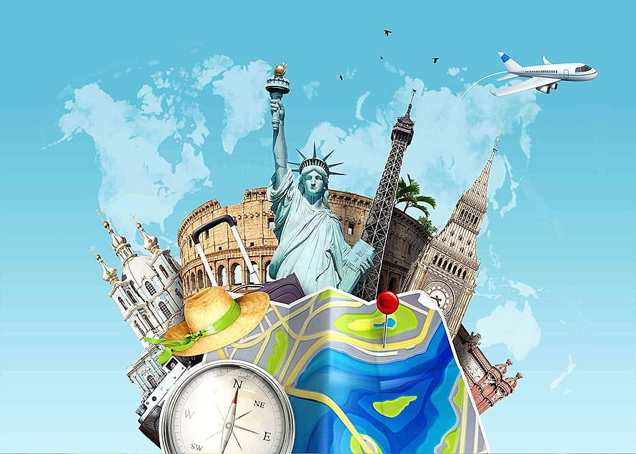 Global Travel Collage Featuring World Landmarks, Map, Compass, and Airplane Against Sky HD wallpaper