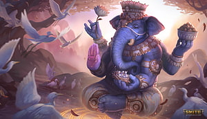 Ganesh in Smite: Serene Elephant God with Lotus and Birds in Mystical Landscape HD wallpaper