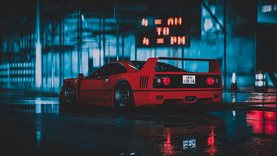 Red Ferrari F40 in a Neon-Lit Rainy Night Cityscape Wallpaper HD wallpaper
