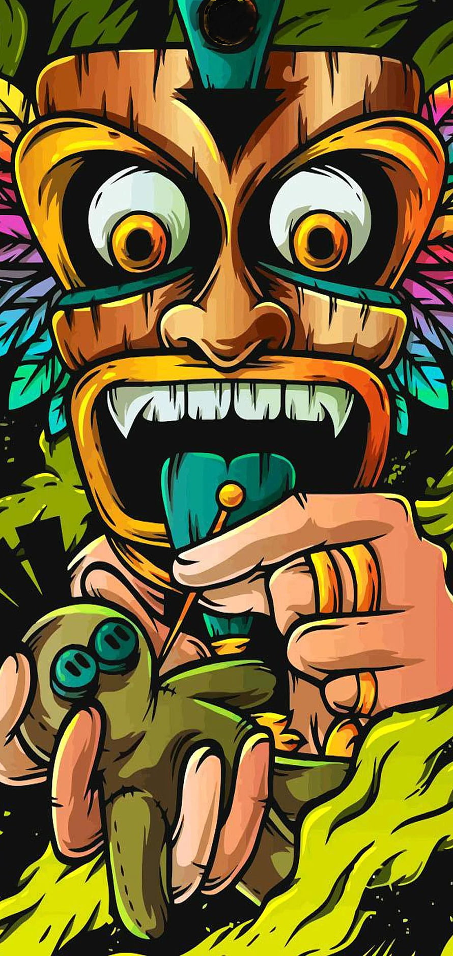 Colorful Tiki Mask Illustration with Jungle Theme and Vibrant Colors HD phone wallpaper
