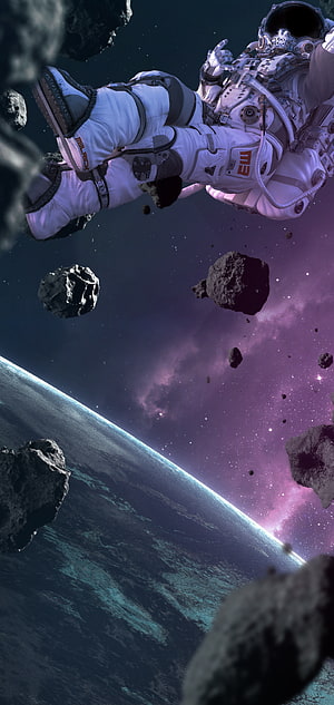 Astronaut Floating in Deep Space Amidst Asteroids and a Distant Planet HD phone wallpaper