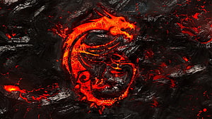 Fiery Red Dragon Coiled on Dark Volcanic Rock Lava Texture Wallpaper HD wallpaper