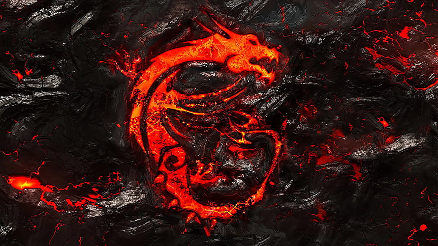 Fiery Red Dragon Coiled on Dark Volcanic Rock Lava Texture Wallpaper HD wallpaper