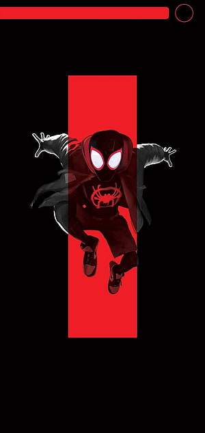 Miles Morales Spider-Man in Black Suit Leaping Forward with Red Geometric Background, Punch Hole For Samsung Galaxy S10. S, Iron Man , Superhero , Left Side Punch Hole HD phone wallpaper