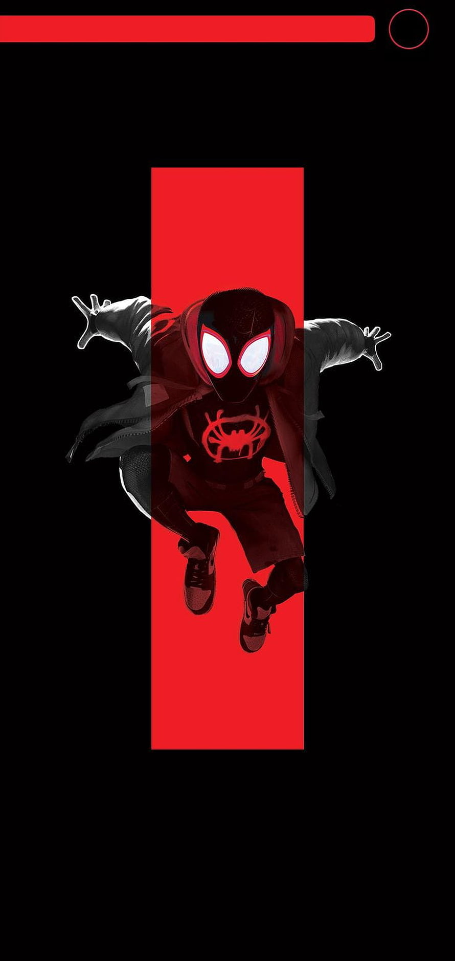 Miles Morales Spider-Man in Black Suit Leaping Forward with Red Geometric Background, Punch Hole For Samsung Galaxy S10. S, Iron Man , Superhero , Left Side Punch Hole HD phone wallpaper
