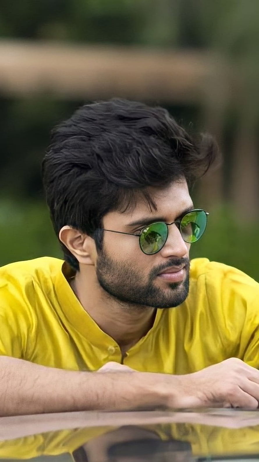 Portrait of a man with a beard wearing green sunglasses and a yellow shirt outdoors, Vijay , Vijay Devarakonda HD phone wallpaper