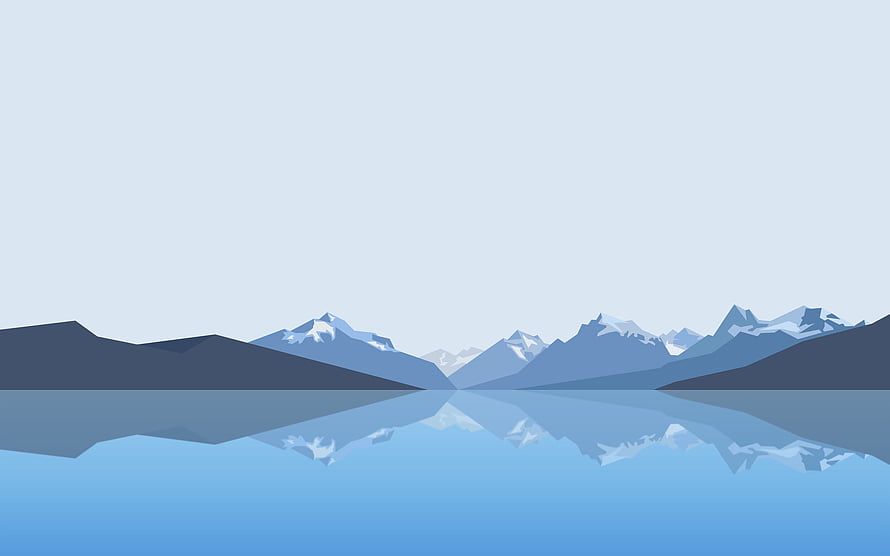 Minimalist 2D Mountain Lake Landscape with Snow-Capped Peaks and Reflections HD wallpaper