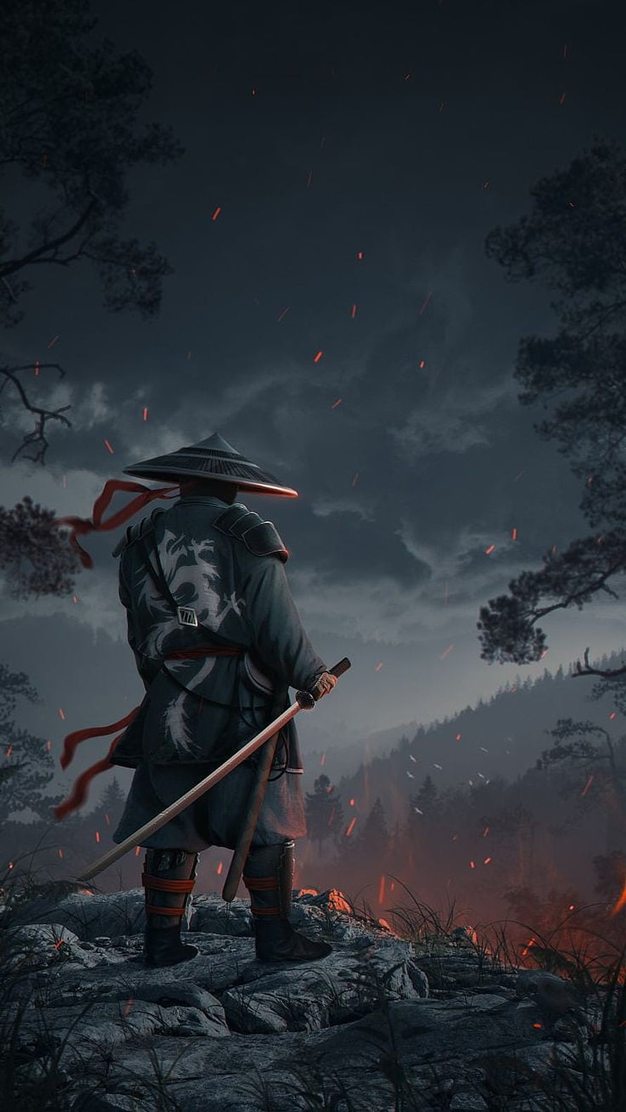 Samurai warrior in traditional armor standing on rocky cliff overlooking misty forest with embers HD phone wallpaper