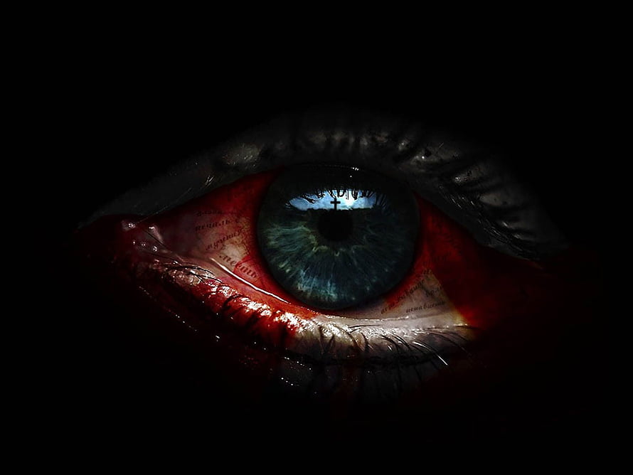 Grim Close-Up of a Bloodshot Eye with a Cross Reflected in the Iris HD wallpaper