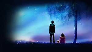 Anime Couple Watching Shooting Stars Under Glowing Tree HD wallpaper