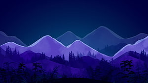 Minimalist Purple Mountain Range at Night with Silhouetted Forest and Deep Blue Sky HD wallpaper