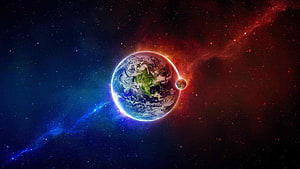 Earth and Moon in Vibrant Cosmic Nebula with Star Fields HD wallpaper