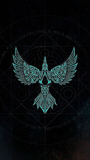 Assassin's Creed Eagle Emblem with Celtic Knotwork and Geometric Sacred Geometry on Dark Background HD phone wallpaper