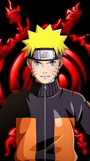 Naruto Uzumaki in Black and Orange Jacket with Red Chakra Aura Anime Wallpaper HD phone wallpaper